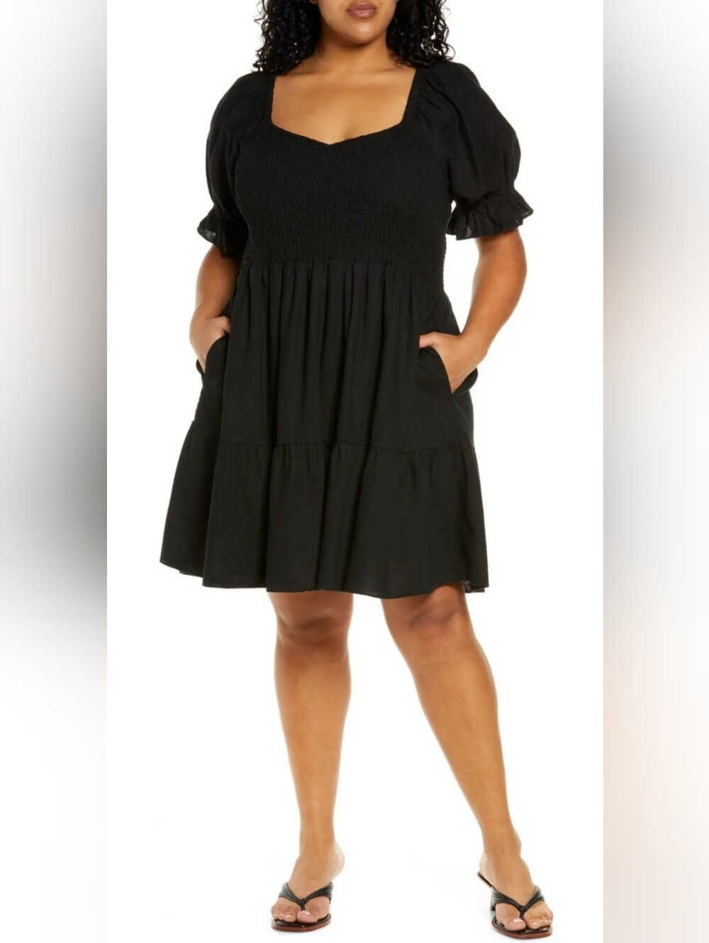 Madewell Black Linen/Cotton Tiered Cottagecore Mini Dress with Pockets